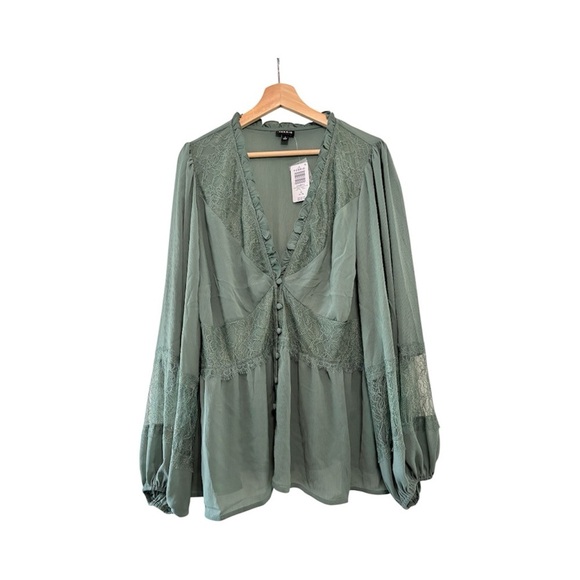 Torrid Flowy Feminine Boho Puff Sleeve Peasant Sage Green Long Sleeve Top 1X - Picture 2 of 9